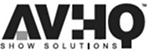 Logo for AVHQ Show Solutions, with bold black letters AVHQ in a modern, blocky font above the smaller text SHOW SOLUTIONS in white.