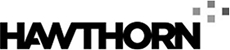 The image shows the word HAWTHORN in bold, black capital letters, with four small gray squares arranged in an ascending pattern to the top right of the text.