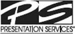 Logo with large stylized white letters PS on a black background above the words PRESENTATION SERVICES in black capital letters on a white background.