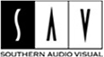 Black and white logo with the letters SAV in bold, modern font, and Southern Audio Visual written below the letters.