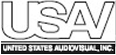 Black and white logo with large letters USAV above the text United States Audio Visual, Inc.