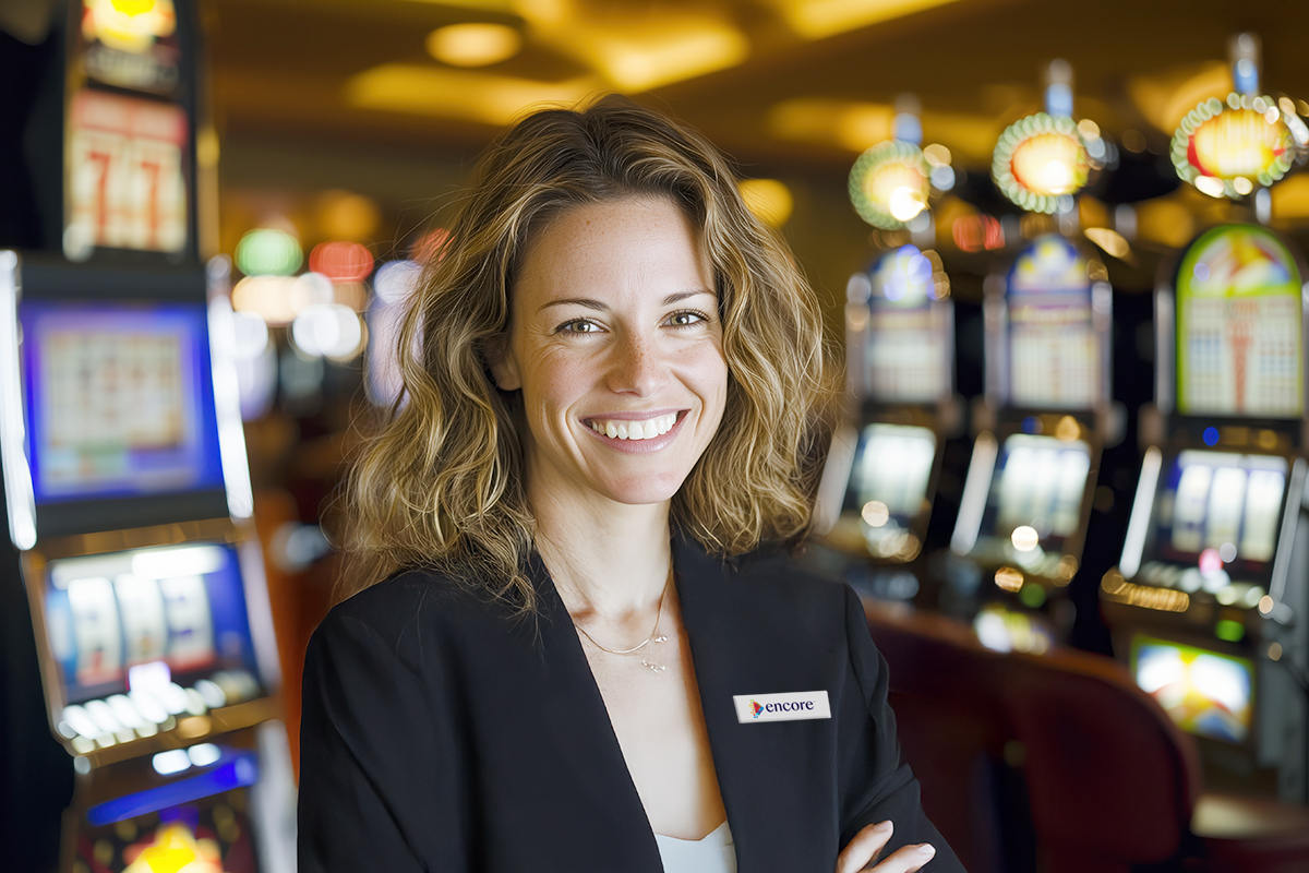 A smiling woman with wavy hair stands in front of a row of brightly lit slot machines in a casino, wearing a black blazer and a name tag that reads Encore.