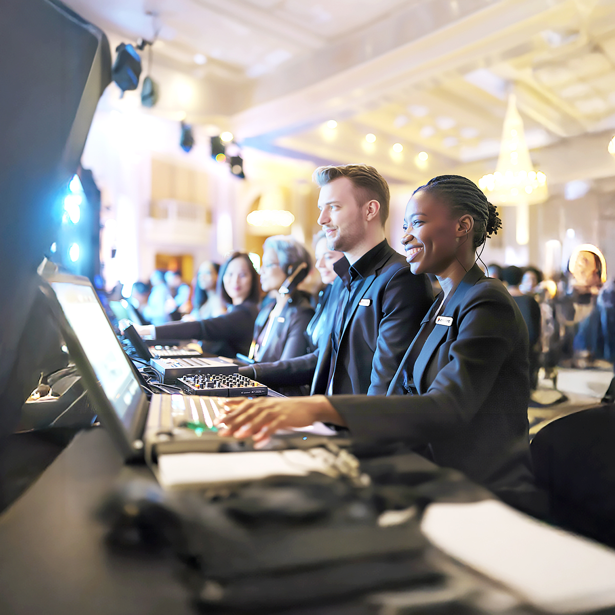 Two event staff members in black suits operate sound and lighting equipment at a busy, well-lit conference or event, focusing on their tasks with an audience and chandeliers visible in the background.